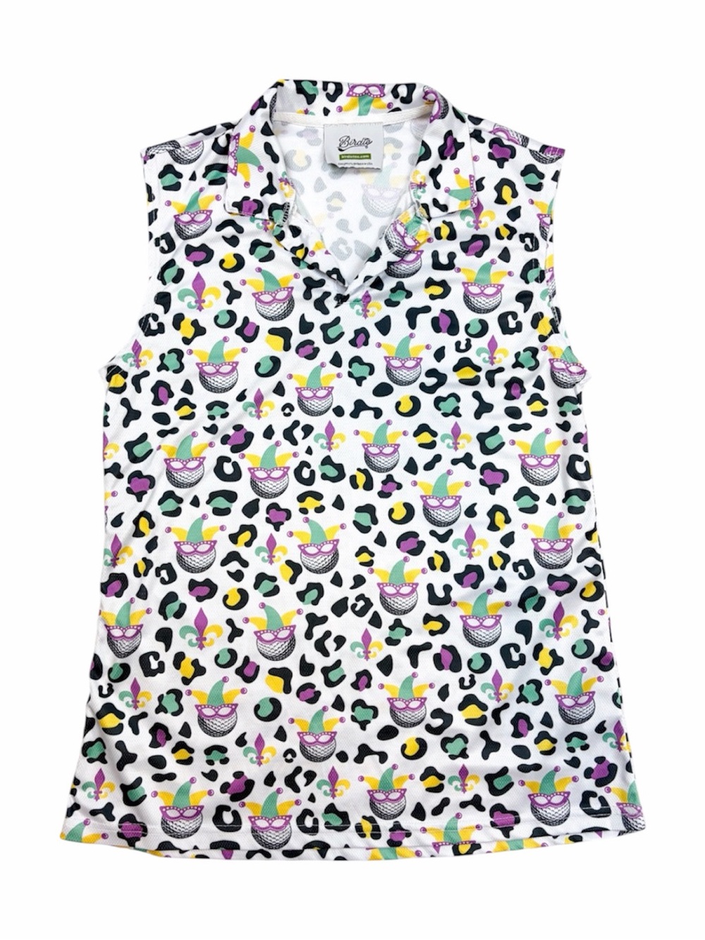 Birdie Women’s Mardi Gras Mask and Leopard Spots Sleeveless Golf Polo